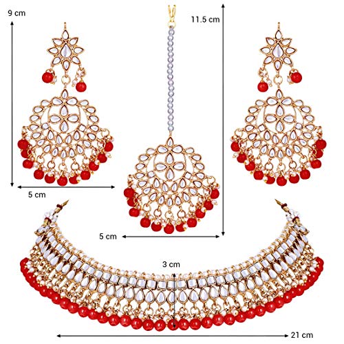 Aheli Faux Kundan Beaded Necklace Earrings Maang Tikka Indian Bollywood Ethnic Jewelry Set Gift for Women - color: Red & White