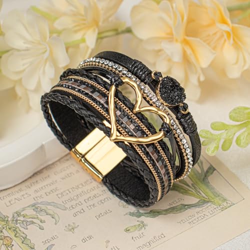 Leather Wrap Bracelet for Women, Boho Cuff Bracelet with Strong Clasp, Multi-Layer Crystal Leather Bracelet for Valentine Mother's Day - color: 01-Heart-Black