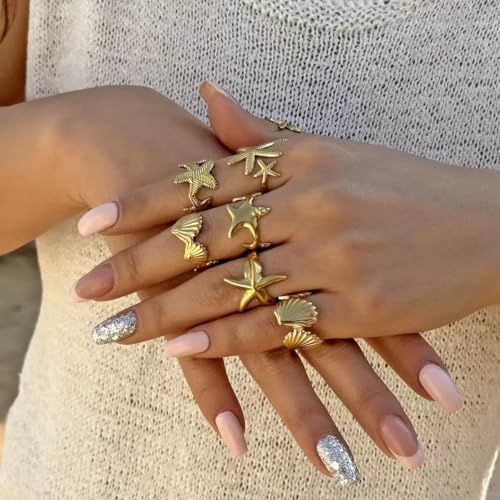 Yuoos 6PCS Gold Seashell Rings for Women Beach Surfer Swirl Conch Starfish Chunky Rings 18k Gold Dainty Seashell Heart Bow Stacking Rings Summer Jewelry for Women