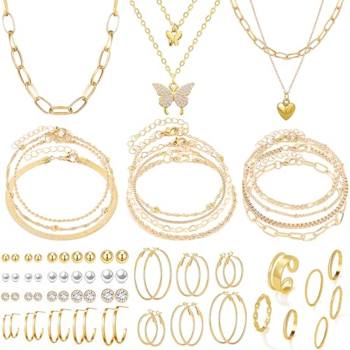 47pcs Gold Jewelry Set With 3 PCS Necklace, 11 PCS Bracelet,20pcs Hoop Stud Earrings,7pcs rings set For Women For Birthday Gifts - color: Gold