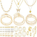 47pcs Gold Jewelry Set With 3 PCS Necklace, 11 PCS Bracelet,20pcs Hoop Stud Earrings,7pcs rings set For Women For Birthday Gifts - color: Gold