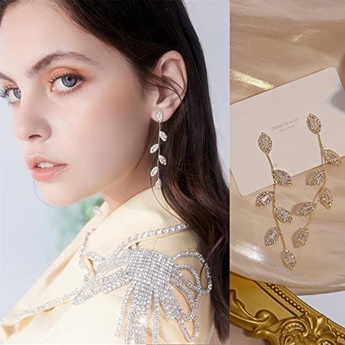 Dangling Earrings for Women Bridal Earrings for Wedding Rhinestone Wedding Prom Anniversary Delicate Leaf silver drop Earrings Long Earrings- Elegant Earrings - color: 01 Leaf Gold