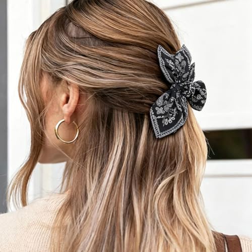 3 Pack Extra Large Boho Paisley Bandana Bow Knot Claw Clips Non Slip Hair Claws for Thick Hair Fashion Hair Accessories Gift for Women Teen Girls - color: Blue + Brown + Black