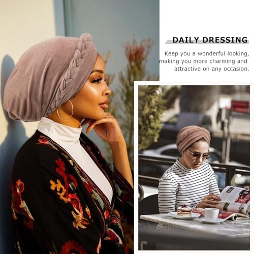 DRESHOW Turban Pre-Tied Twisted Hat Thread African Head Wraps for Black Women Chemo Cancer Cap Braid Hair Cover - color: 1 Pack Twisted Braid: Light Coffee