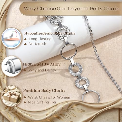 Florideco Waist Chain Belt for Women, Layered Belly Chain, Waterproof Boho Pearl Concho Cuban Body Chain, Adjustable Summer Beach Coachella Fashion Jewelry for Jeans Dresses - style: Silver Plated-Circle Chain