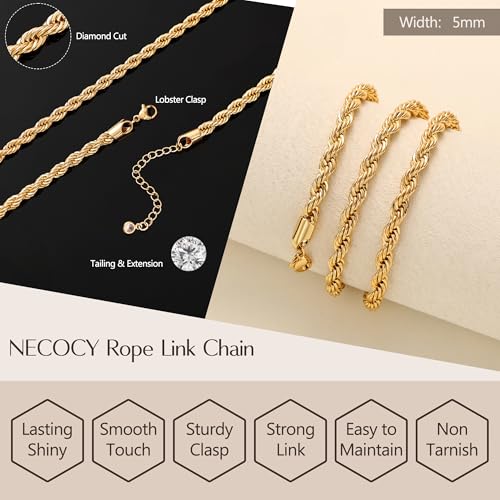 NECOCY 14K Gold Plated Layered Necklace for Women, Dainty Chain Necklace Stackable Trendy Cuban Link Rope Snake Chain Choker Simple Chunky Herringbone Necklace Stack Jewelry Set Gift for Women - style: Rope Chain
