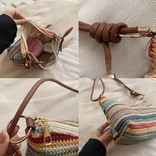 Women's Woven Beach Shoulder Handbag Colorful Straw Tote Bag Summer Vacation Crossbody Bag - color: 1343brown