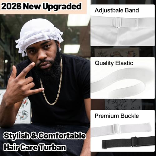 Ababalaya Adjustable Satin Lined Halo Turban Durag for Men &Women Twisted Tassel Head Wraps - color: White