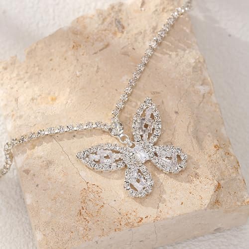 Kokoma Dangle Butterfly Rhinestone Anklet for Women, Shiny Cubic Zirconia Dangling Charm Ankle Bracelet Adjustable Chain Foot Jewelry for Summer Beach