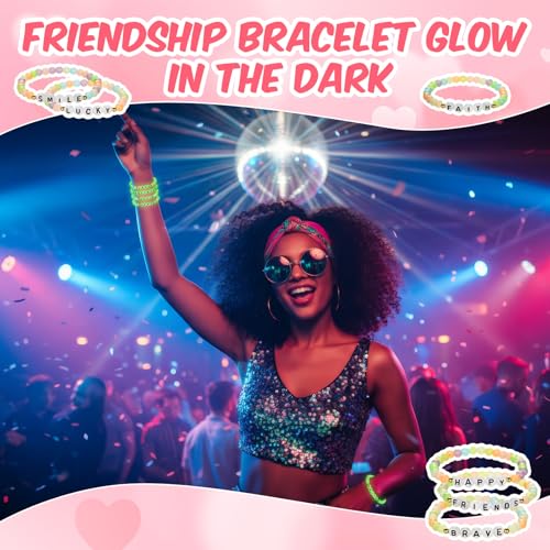 Hoteam 100 Pcs Beaded Friendship Bracelets Bulk Colorful Glow in The Dark Inspired Letter Bracelets Y2k Stretchy Preppy Adjustable Jewelry for Music Lovers Fans Women Party Favor Gifts Sleepover Party