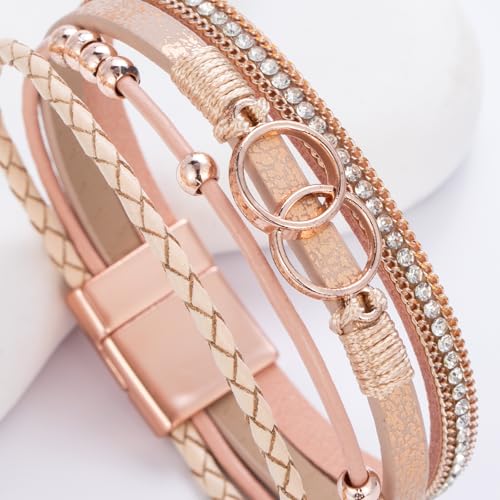 FANCY SHINY Boho Leather Wrap Bracelet Stackable Infinity Chunky Cuff Bracelets Western Hippie Outfits Jewelry Valentine Gifts for Women - color: Rose Gold