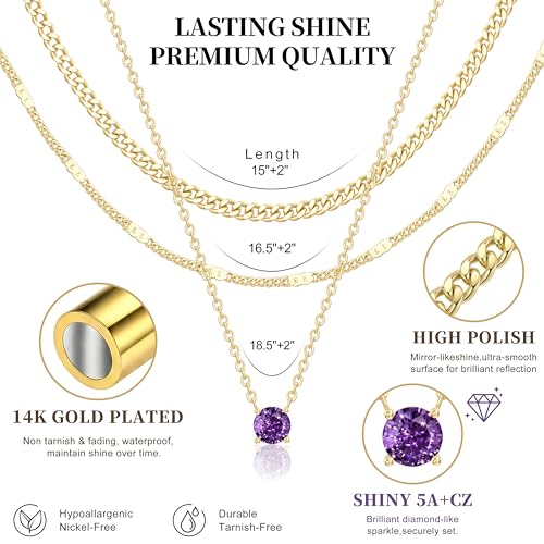 WomenGifts Layered Gold Necklaces for Women, 14K Gold Sterling Silver Plated Dainty Pendant Necklace Set Non Tarnish, Chunky Stackable Cuban Chain Choker, Trendy Birthstone Vacation Jewelry Gift - color: Gold, style: Cubic Zirconia-Created Amethyst-Feb