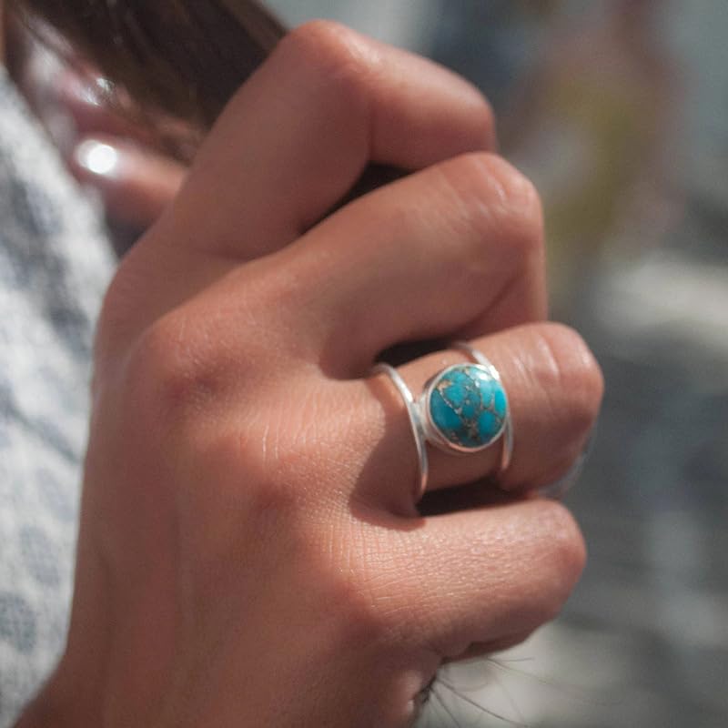 14K Gold Plated Statement Ring for Women Simulated Blue Turquoise Boho Simple Minimalist Jewelry 925 Silver Plated Gem Women's Ring Bohemian Jewelry Handmade Simple Ring S-8# - color: silver, size: 8#