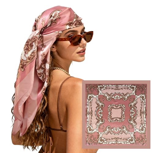 Large Square Head Scarf Bandana - 35" Satin Hair Scarf for Women Like Silk Scarf Fashion Hair Wrapping - color: Baroque Scroll(pink), size: 35IN*35IN