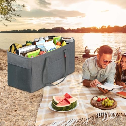 LHZK Standing Extra Large Utility Tote Bag with Metal Wire Frame and the Sides Rinforced, Extra Large Tote Bag with Handle, Reusable Grocery Bags Foldable, Beach Bag, Car Tote (Grey) | Metal Wire Frame - color: Dark Gray, size: 22.5''x10.5''x12''-1 Pack