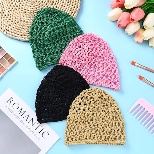 Geyoga 4 Pieces Mesh Crochet Hair Net Rayon Knit Snood Hat Thick Short Women Hairnet Snoods Cover Ornament for Sleeping(Black, Green, Pink, Beige) - color: Black, Green, Pink, Beige