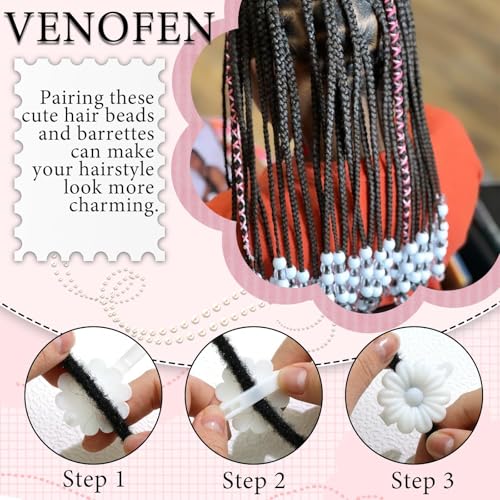 60PCS Black&White Braids Beads Cute Pony Beads for Hair Dreadlock Flower Self Hinge Hair Barrettes Loc Jewelry Accessories Plastic Hair Pins for Kids Girls - color: Black&White