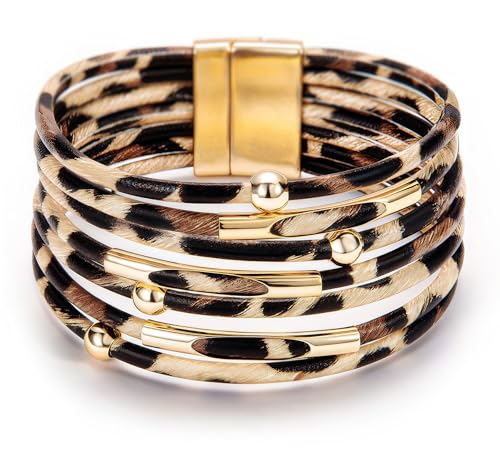 Fesciory Leather Wrap Bracelets for Women, Boho Leopard Multi-Layer Crystal Beads Cuff Bracelet Jewelry - color: Brown Leopard