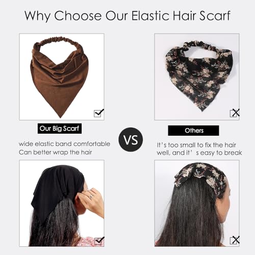 Vercret 6 Pack Hair Scarf Headband for Women Elastic Bandana Head Scarf Large Boho Triangle Kerchief with Clips Non Slip Scarves - color: R Dark Colors