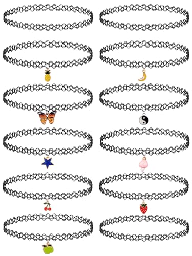 BodyJ4You 12PC Tattoo Choker Necklace for Women - 90s Choker Necklaces Y2K Fashion Trendy Vintage - Emo Black Choker Rainbow Pink White Purple Neon Green Blue Daisy Flower - color: Black