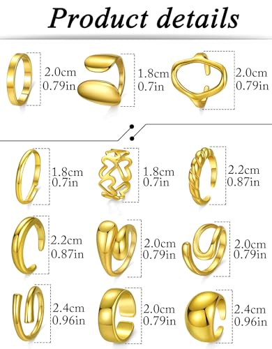 12Pcs Gold Chunky Rings 18K Gold Plated Stackable Open Knuckle Ring Set Hollow Heart Twist Croissant Dome Band Statement Finger Rings for Women Gold Silver Tone Adjustable - color: A-Gold