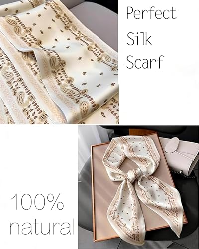 kcctoo 59" Mulberry Silk Like Head Scarf Women's Fashion Square Neck Satin Scarfs for Bag Hair Scarves Gift 59 * 5.9” - color: A013-white Drops 59" X 5.9"