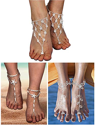 Hicarer 6 Pcs Foot Jewelry Barefoot Sandals for Women Rhinestone Bohemian Foot Ankle Chains for Beach Wedding - style: Rhinestone Star Leaf Mesh Style