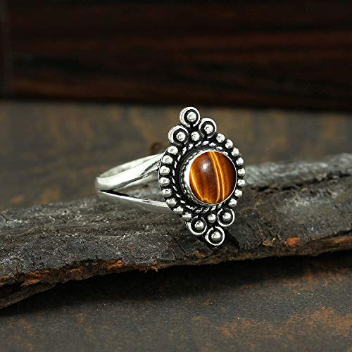 Round Shape Natural Gemstone Vintage Style Handmade Rings for Women - 925 Silver Overlay Handmade Birthstone Ring Jewelry Gift for Her Mom Wife Sister - color: Tiger Eye