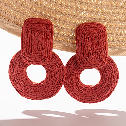 Statement Raffia Earrings Cute Boho Earrings Rattan Dangle Earrings Handmade Straw Wrap Earrings Summer Drop Dangling Earrings for Women Teen Girls - color: Red
