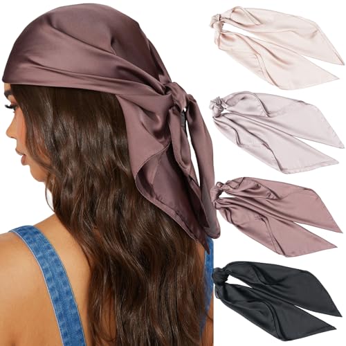 AWAYTR 27.5” Silk Satin Square Head Scarf - 4PCS Satin Head Scarves for Women Hair Kerchief Bandanas Sleeping Head Wraps - color: Solid Color(black/Coffee//Apricot/Light Khaki)