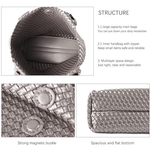 Hand Woven Bag Tote BagS For Women Top Handle Shoulder Vegan Leather Large Travel Beach Hobo Handbag - color: Silver Grey