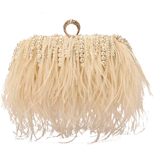 Women Real Natural Ostrich Feather Evening Bags Purses Clutch Vintage Banquet Handbag - color: Champange With Pearl