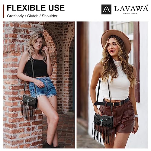 LAVAWA Small Crossbody Bags for Women Crossbody Handbag Fringe Purse Tassel Shoulder Bag Turquoise Concho Wallet - color: Western Black