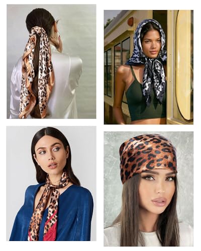 Molans 35" Silk Satin Square Head scarves - 4Pcs Large Scarfs Hair Bandana Head Kerchief Neck Scarf Sleeping Wraps for Women - color: Leopard Print
