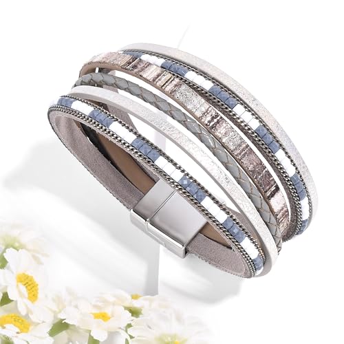 VIBILIA Boho Leather Wrap Bracelets for Women Multi-Layer Bracelets with Strong Clasp Jewelry for Women - color: 03-BohoBraid-Gray