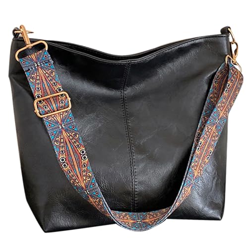 Hobo Bags for Women Crossbody Bag Guitar Strap Purse Vegan Leather Shoulder Handbags Boho Purses Tote Bucket Bag - color: Black