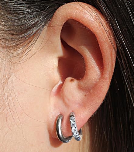 316L Surgical Stainless Steel Huggie Hoop Earrings with Cubic Zirconia, 10G 12G 14G 8-20mm Cartilage Lobe Earrings, 14G Piercing Jewelry - style: 10G 8mm Silver Clear CZ 2Pcs