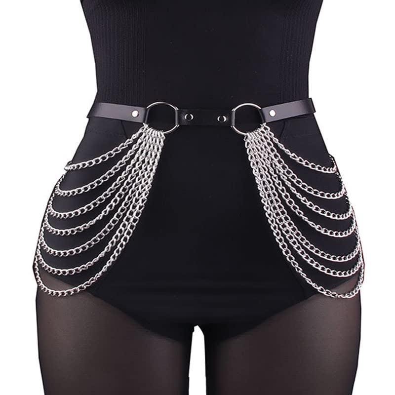Punk Leather Belly Waist Chain Belt,Punk Sexy Gothic Jewelry Accessories Waist Chain Goth Belt Silver Layered Body Chains - style: Multi chain waist belt