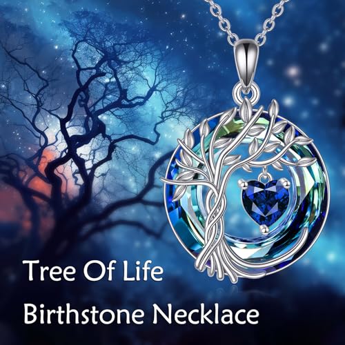 POPLYKE Mothers Day Gifts for Mom Her Wife Tree of Life Necklace 925 Sterling Silver Birthstone Pendant with Crystal Anniversary Birthday Wedding Jewelry for Women - color: 09-Sep-Sapphire, style: White Gold Plated-Blue Crystal