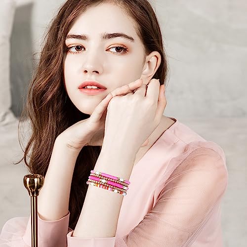 GOOJIDS Surfer Heishi Clay Bead Bracelets for Women Bohemian Stackable Gold Plated Beaded Stretch Bracelets Elastic Layering Friendship Bracelets Set Boho Jewelry - color: A-Multicolor Rose Sets