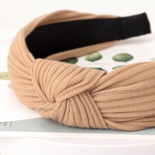 DRESHOW 4 Pack Knotted Headbands for Women Wide Turban Headband Yoga Exercise Ribbing Head Wraps Hair Bands Accessories - color: 4 Pack: Black, Beige, Light Brown, Sky Blue
