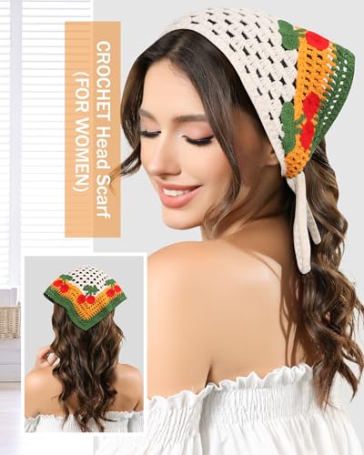 AWAYTR Crochet Head Scarf Hair Bandanas Women Knit Bandana Headband Scarf Tie-Back Head Coverings Floral Headscarf - color: Cherry - Orange + Blue