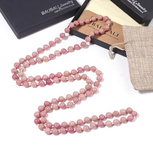 Beaded Necklace Hand Knotted for Woman - color: Rhodonite