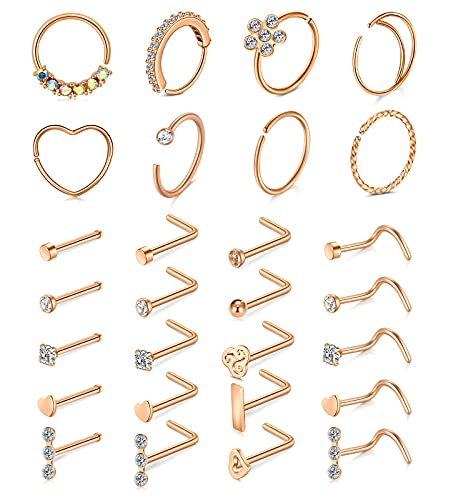 Mayhoop 20g Nose Rings Hoops And Studs For Women Men - Hypoallergenic 316L Surgical Stainless Steel L Shape Nose Screw Bone Silver Rose Gold Black Rainbow Pack 28Pcs - color: 3#Rose-gold
