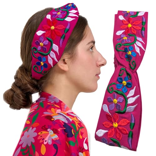 FANFAN Fuchsia Mexican Floral Embroidered Headband - Twist Knotted Criss Cross Elastic Stretchable Hair Band for Wedding, Festival & Daily Use Christmas Gift E9 (Fuchsia, Free Size) - color: Fuchsia
