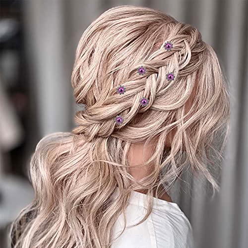 QIUTIMIY 20 Pack (Purple) Pearl Crystal Hair Pins Flower Rhinestone Hair Clips for Bridal Wedding Women Hair Jewelry Accessories, with Clear Container - color: Pearl Flower-Purple