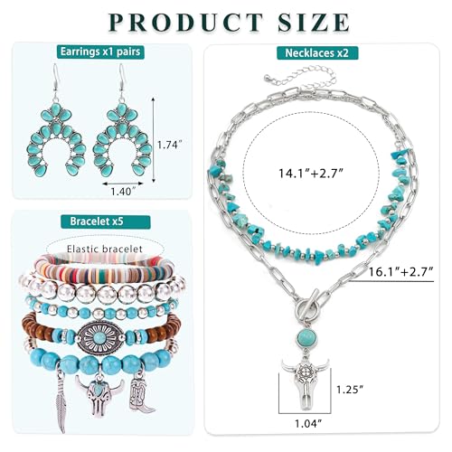 Turquoise Western Jewelry Set for Women, Boho Cowgirl Earrings Bracelet Stack and Layered Necklace, Silver Tone, Multiple Styles - style: Half-Moon Cluster
