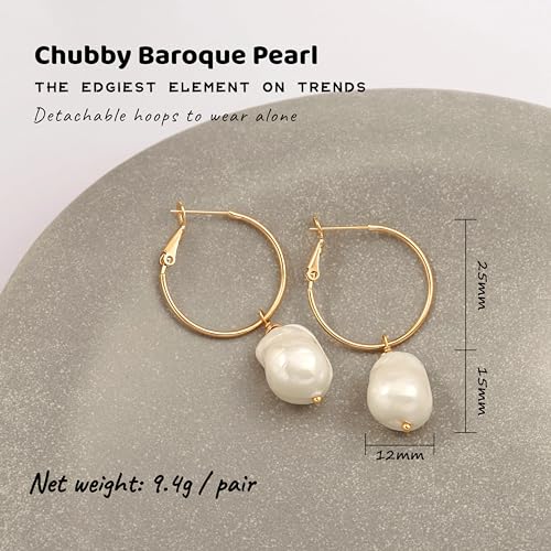 Gold Plated Huggie Hoop Earrings with Charms Fashion Pearl Drop Dangle Earrings for Women Handmade Karma Circle Jewelry for Ladies Lightweight Pearl Earrings on Christmas - color: baroque