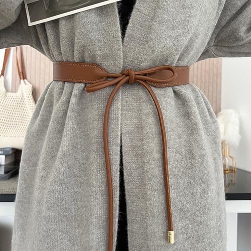 Women PU Leather Tie Waist Belts Knotted Thin Skinny Rope Waistband - color: Brown