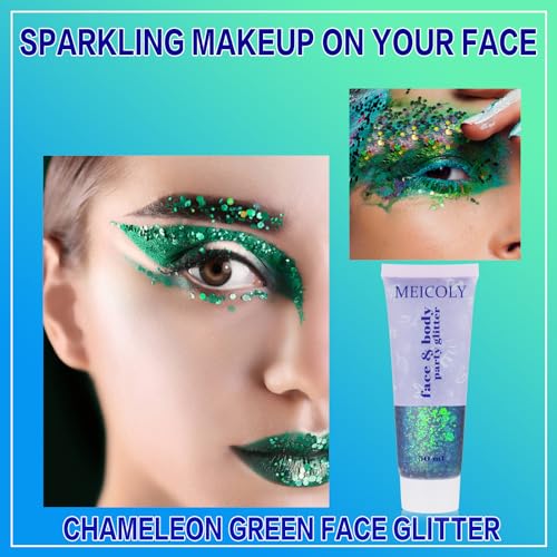 MEICOLY Chameleon Green Face Body Glitter,Holographic Self-Adhesive Face Glitter,Color Changing Mermaid Face Glitter,Halloween Glitter Face Paint for Face Body Hair,St Patricks Day Accessories - color: chameleon green body glitter